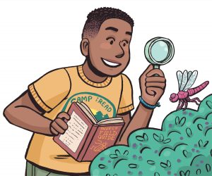 An illustration of a Black teen in a yellow Camp iREAD t-shirt looking at a red dragonfly perched on a green bush through a magnifying glass while holding a field guide.