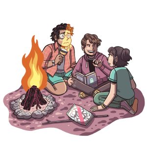 An illustration of three light skinned teenagers sitting next to a campfire as one of them scares the other two with a scary story.