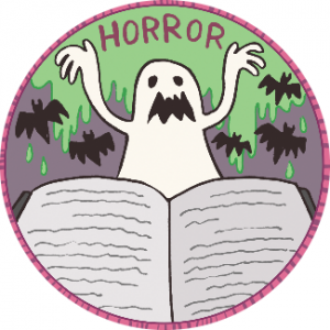 A circular badge illustration featuring a classic ghost overlooking an open book. The word "Horror" is above it and bats surround it.