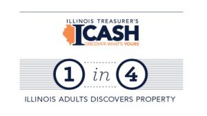 A photo that has the Illinois Treasurer's ICASH logo on it and "1 in 4 Illinois adults discovers property".