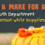 A banner featuring a photo of several painted rocks to look like animals. It reads "Rock Painting Take and Make for Ages 12-17. Youth Department. One kit per person while supplies last."