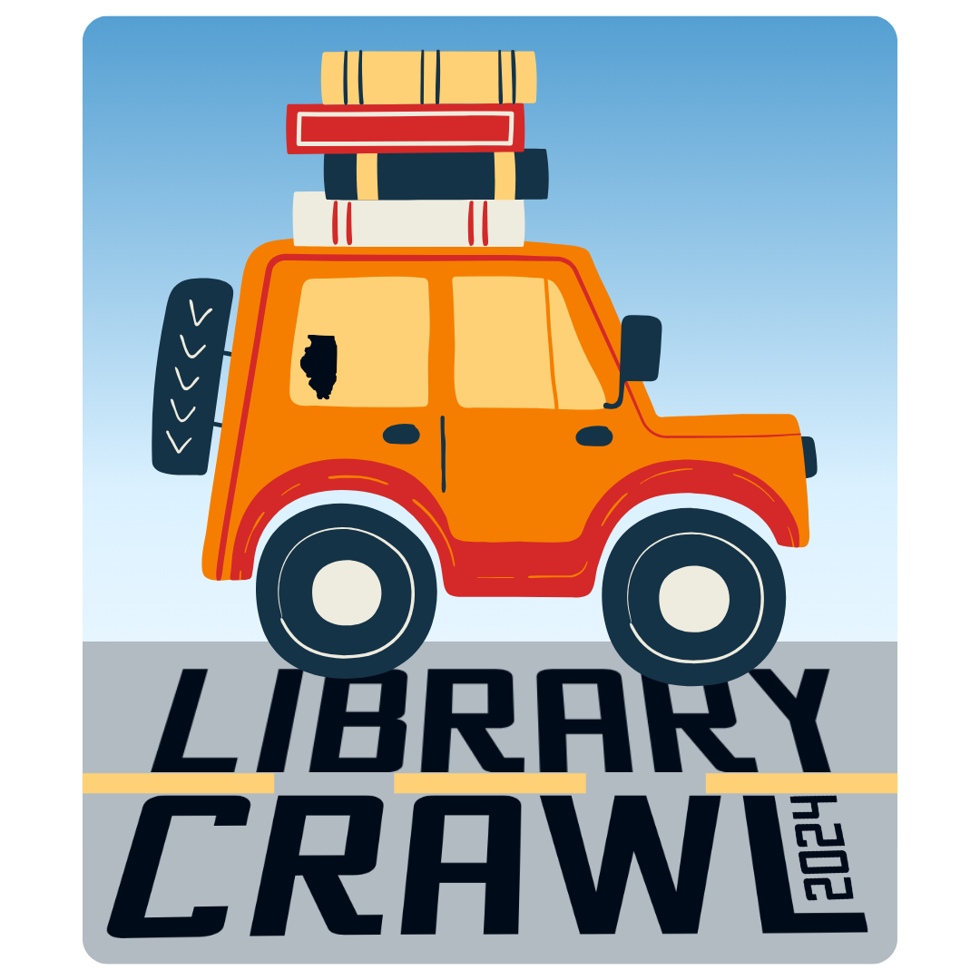 Annual Library Crawl 2024 logo: An orange jeep, with a stack of books strapped to its roof, drives in front of a blue sky along a road with the words "Library Crawl 2024."