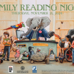 An illustration of an elephant checking books in and out to other animals and humans. Text says Family Reading Night: Thursday, November 21, 2024.