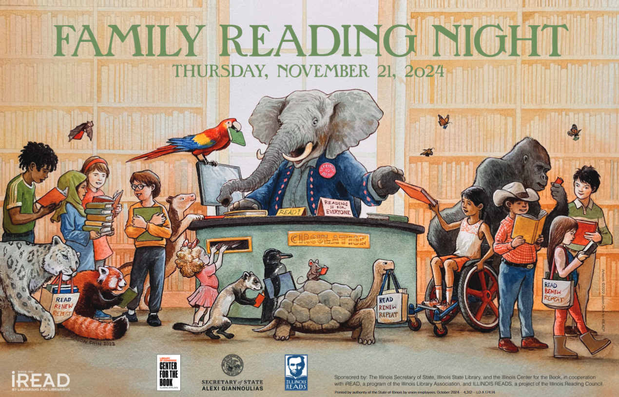 An illustration of an elephant checking books in and out to other animals and humans. Text says Family Reading Night: Thursday, November 21, 2024.